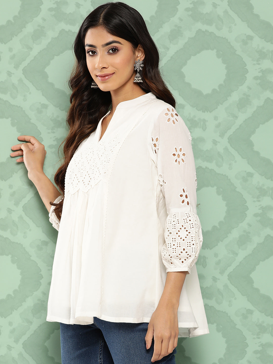 Janasya Women's White Cotton Schiffli Casual A-Line Top | Swadesiicart