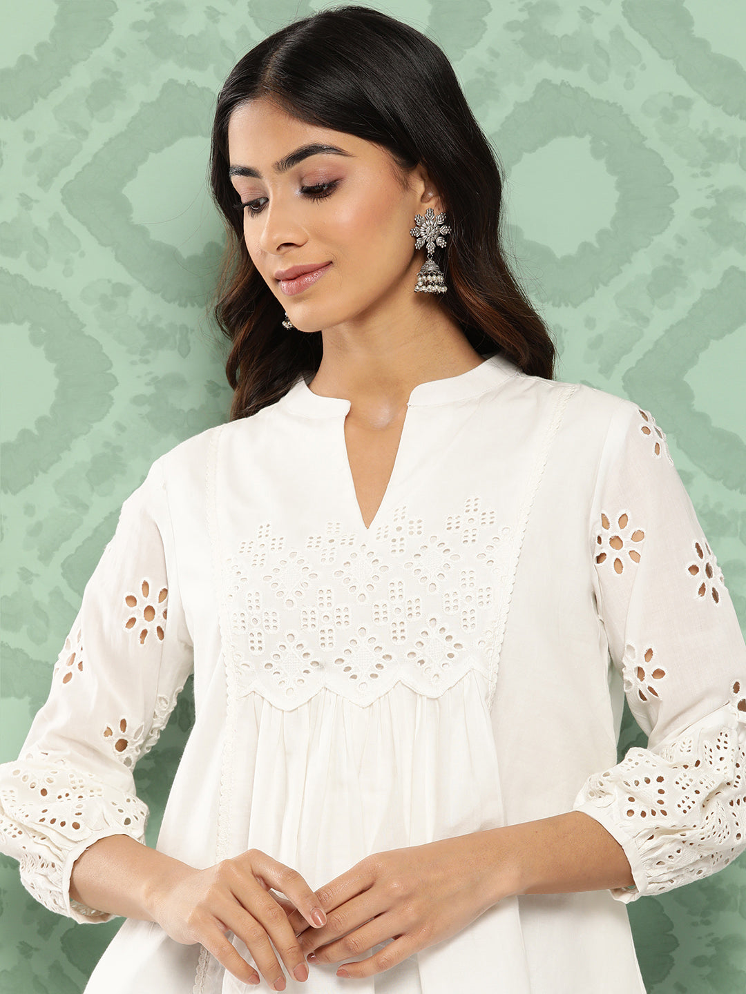 Janasya Women's White Cotton Schiffli Casual A-Line Top | Swadesiicart