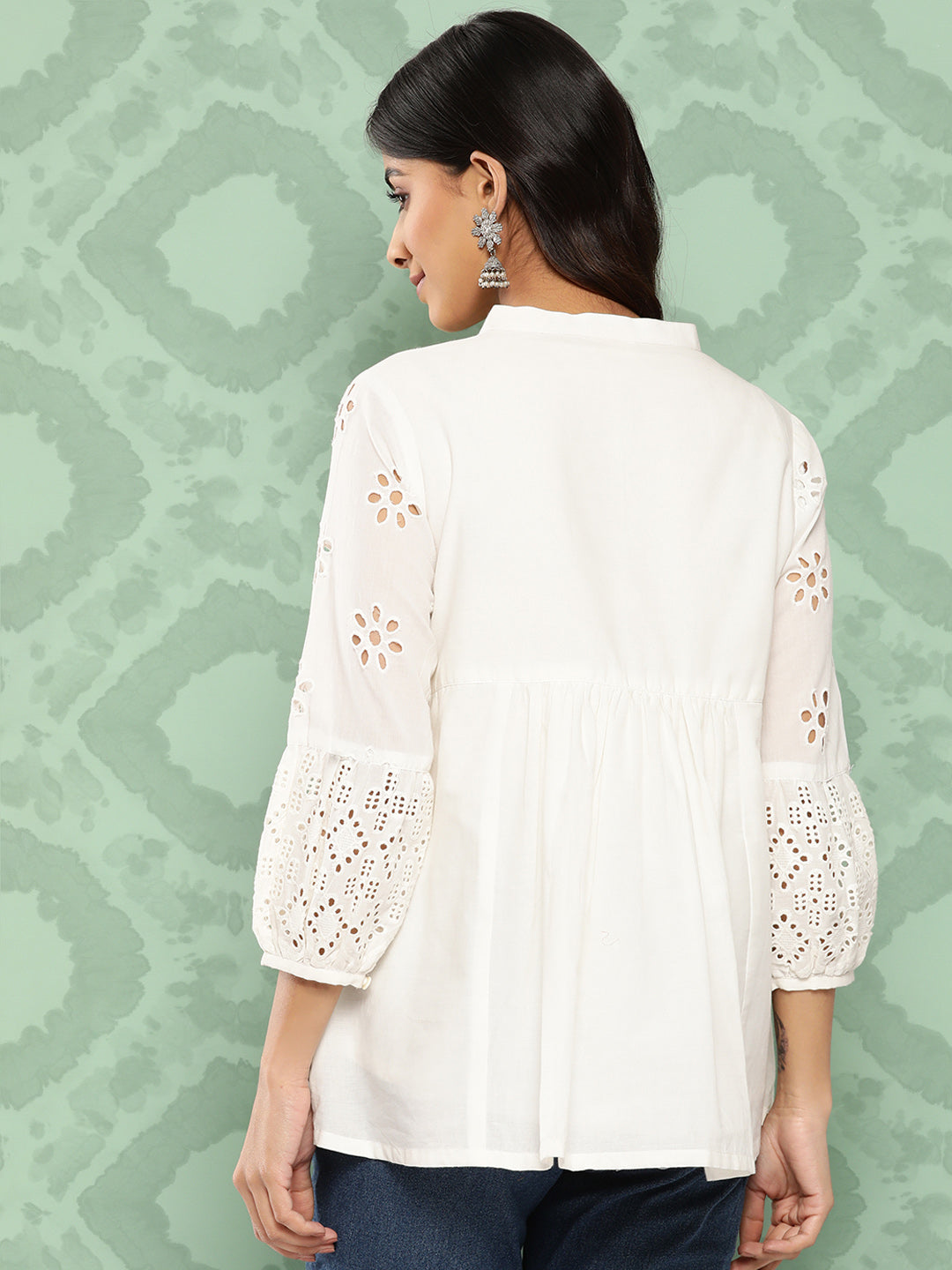 Janasya Women's White Cotton Schiffli Casual A-Line Top | Swadesiicart