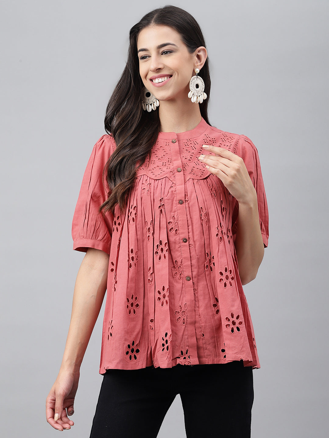 Janasya Women's Pink Cotton Schiffli Casual Gathered Top | Swadesiicart