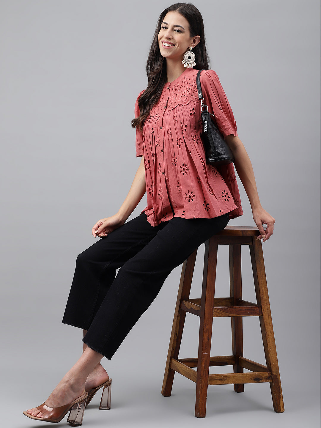 Janasya Women's Pink Cotton Schiffli Casual Gathered Top | Swadesiicart