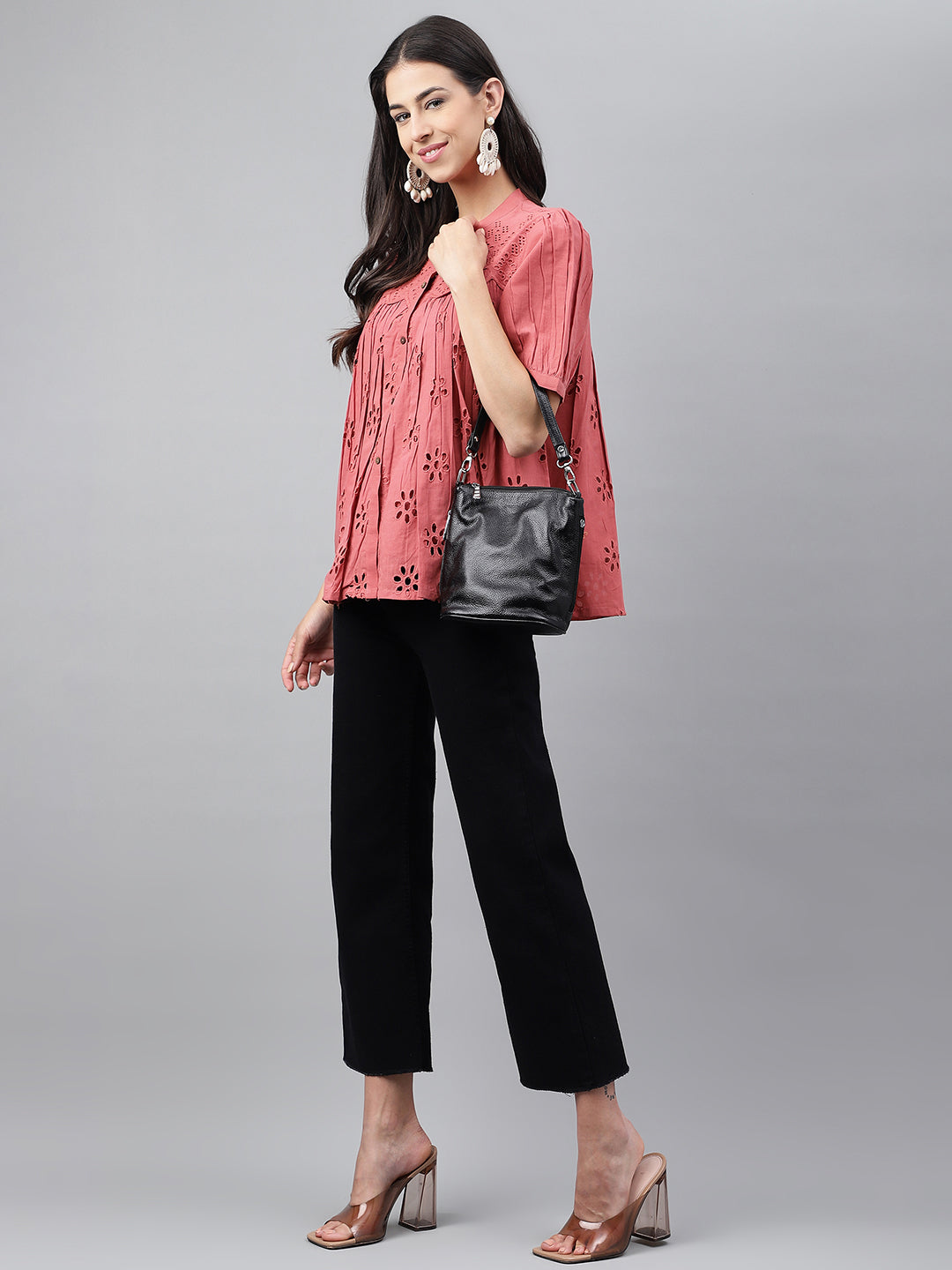 Janasya Women's Pink Cotton Schiffli Casual Gathered Top | Swadesiicart