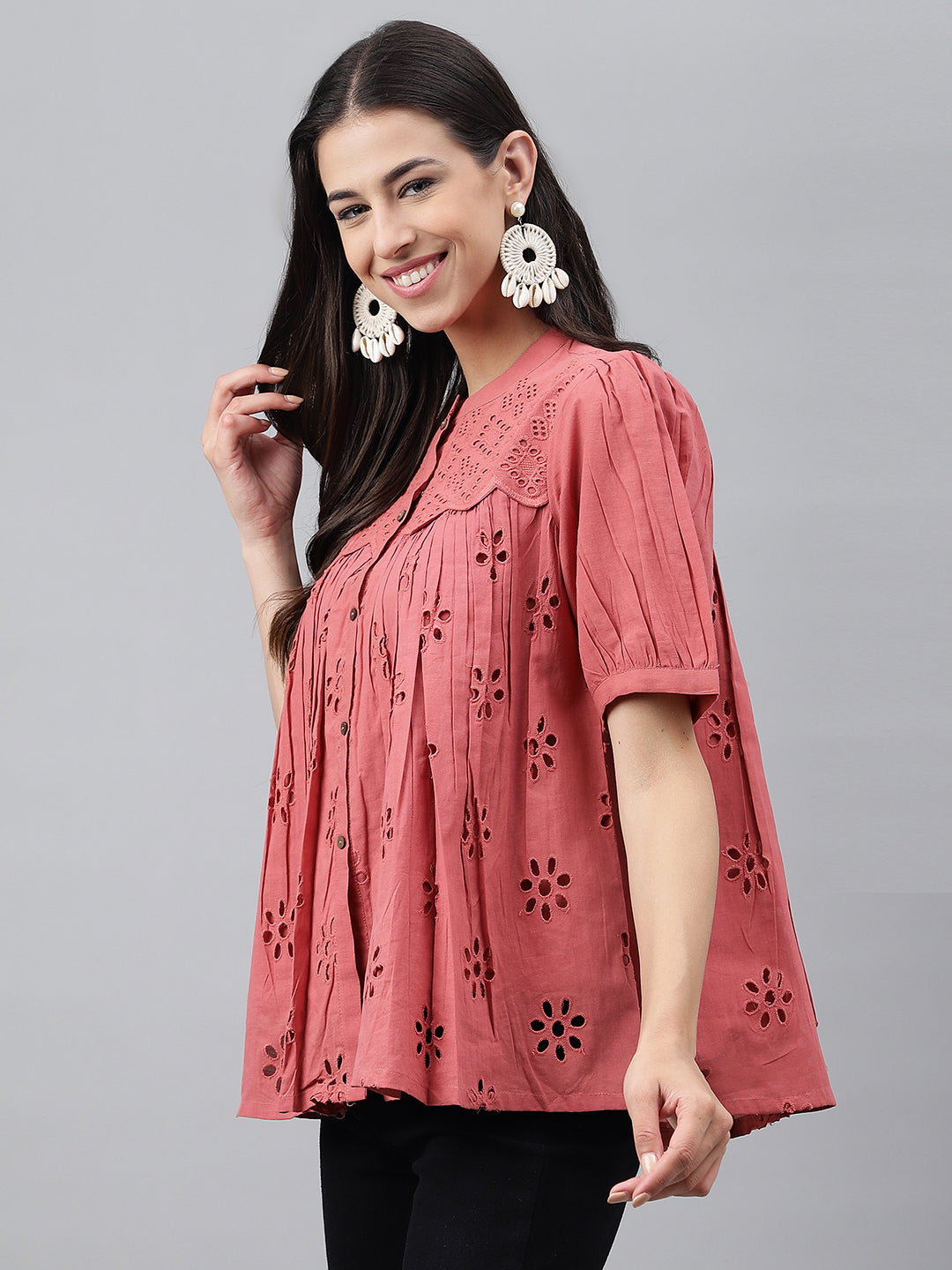 Janasya Women's Pink Cotton Schiffli Casual Gathered Top | Swadesiicart