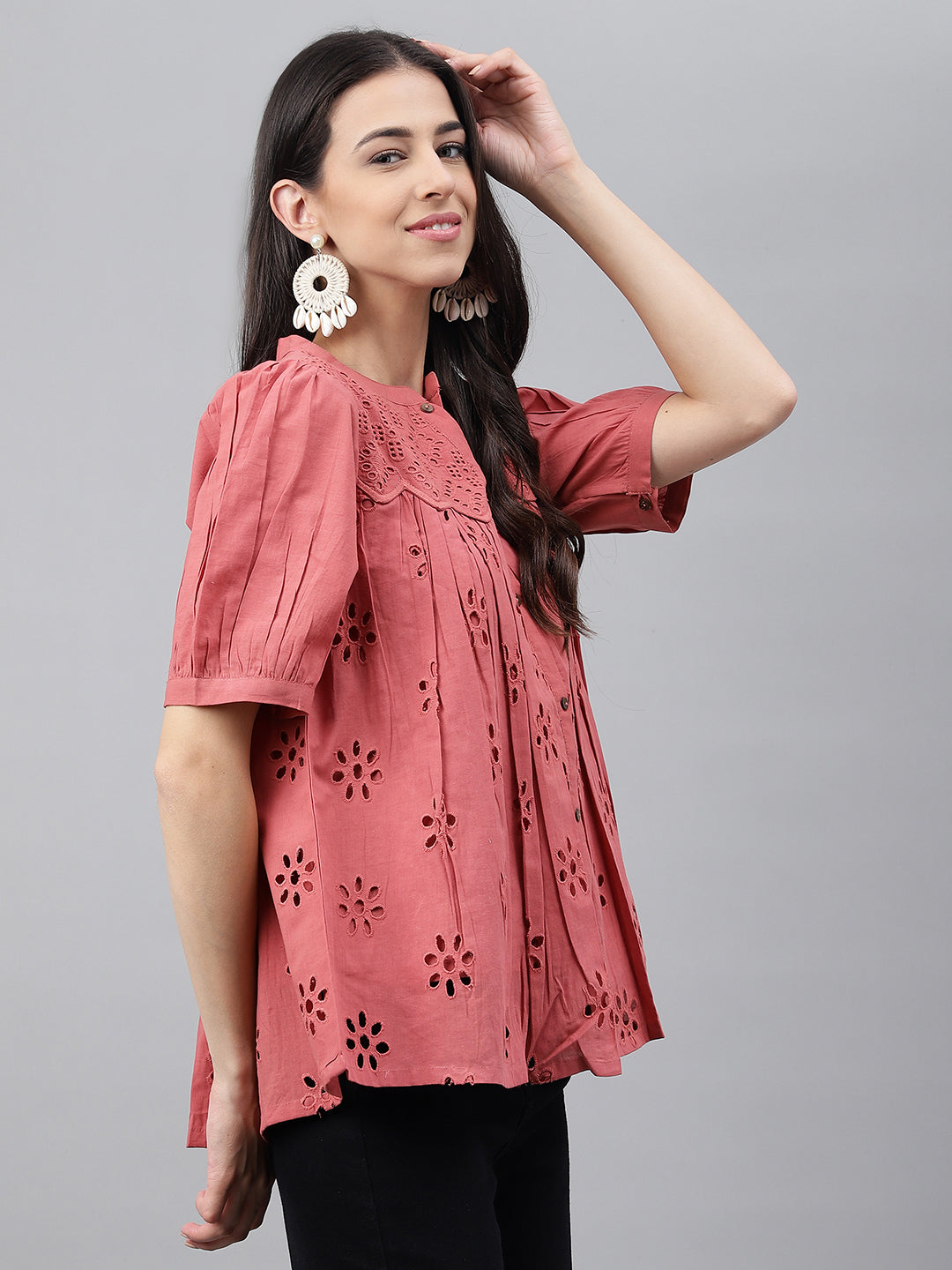 Janasya Women's Pink Cotton Schiffli Casual Gathered Top | Swadesiicart