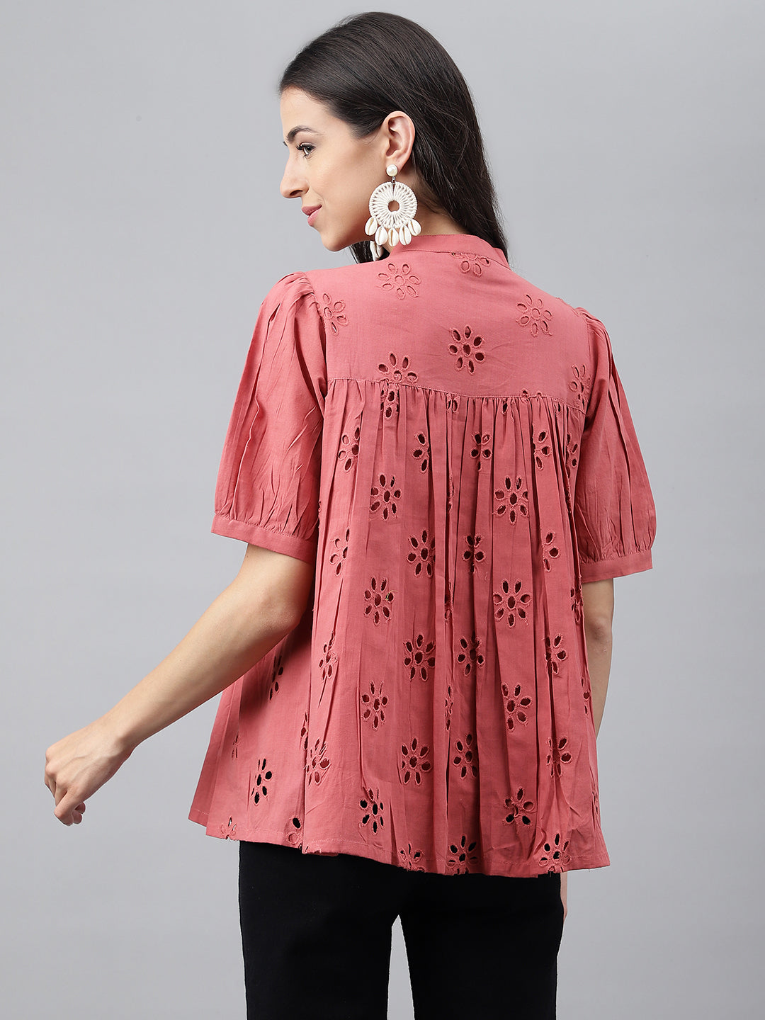 Janasya Women's Pink Cotton Schiffli Casual Gathered Top | Swadesiicart