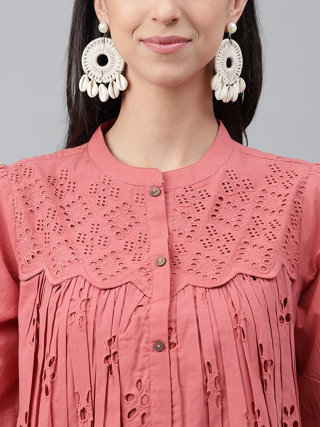 Janasya Women's Pink Cotton Schiffli Casual Gathered Top | Swadesiicart