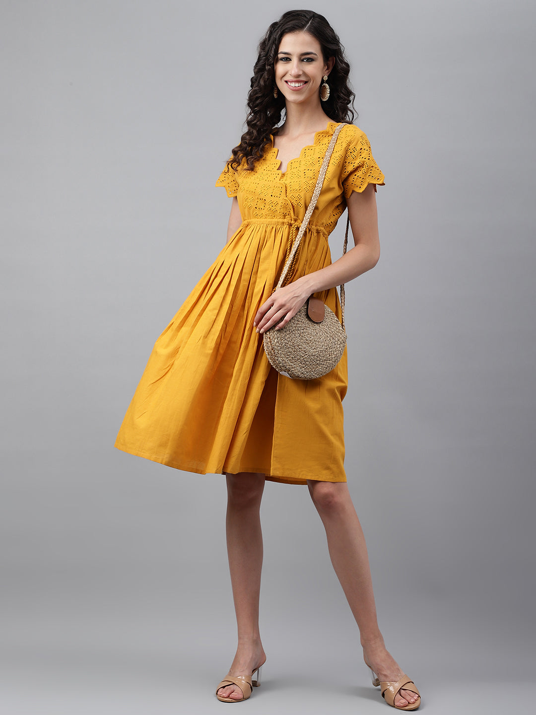 Janasya Women's Yellow Cotton Schiffli Flared Casual Dress | Swadesiicart