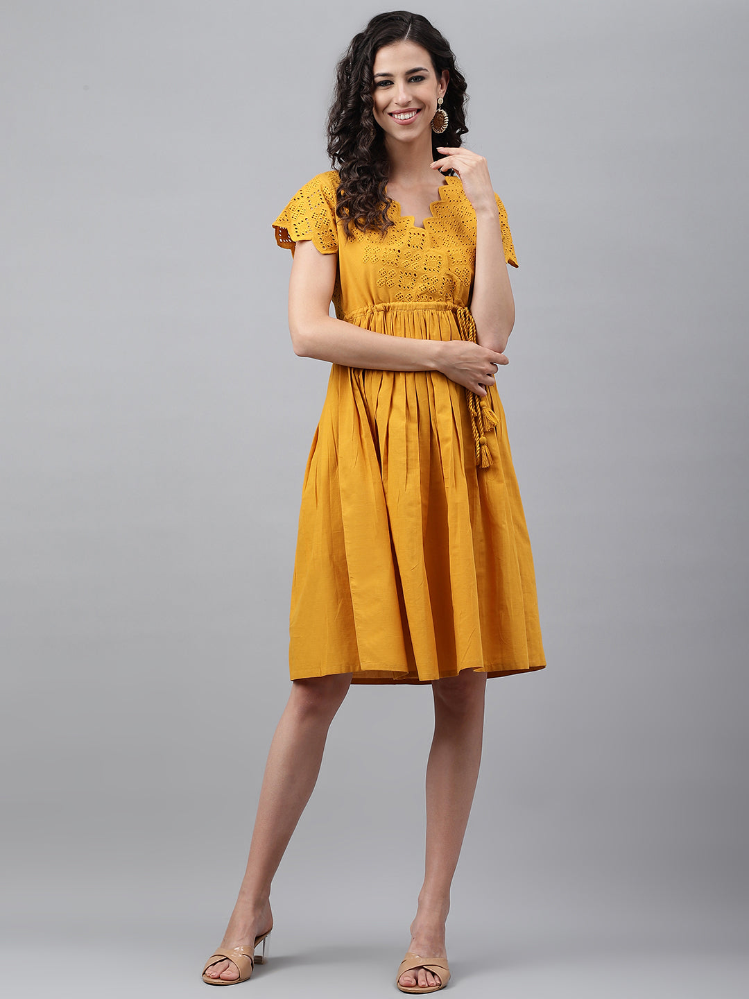Janasya Women's Yellow Cotton Schiffli Flared Casual Dress | Swadesiicart