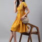 Janasya Women's Yellow Cotton Schiffli Flared Casual Dress | Swadesiicart