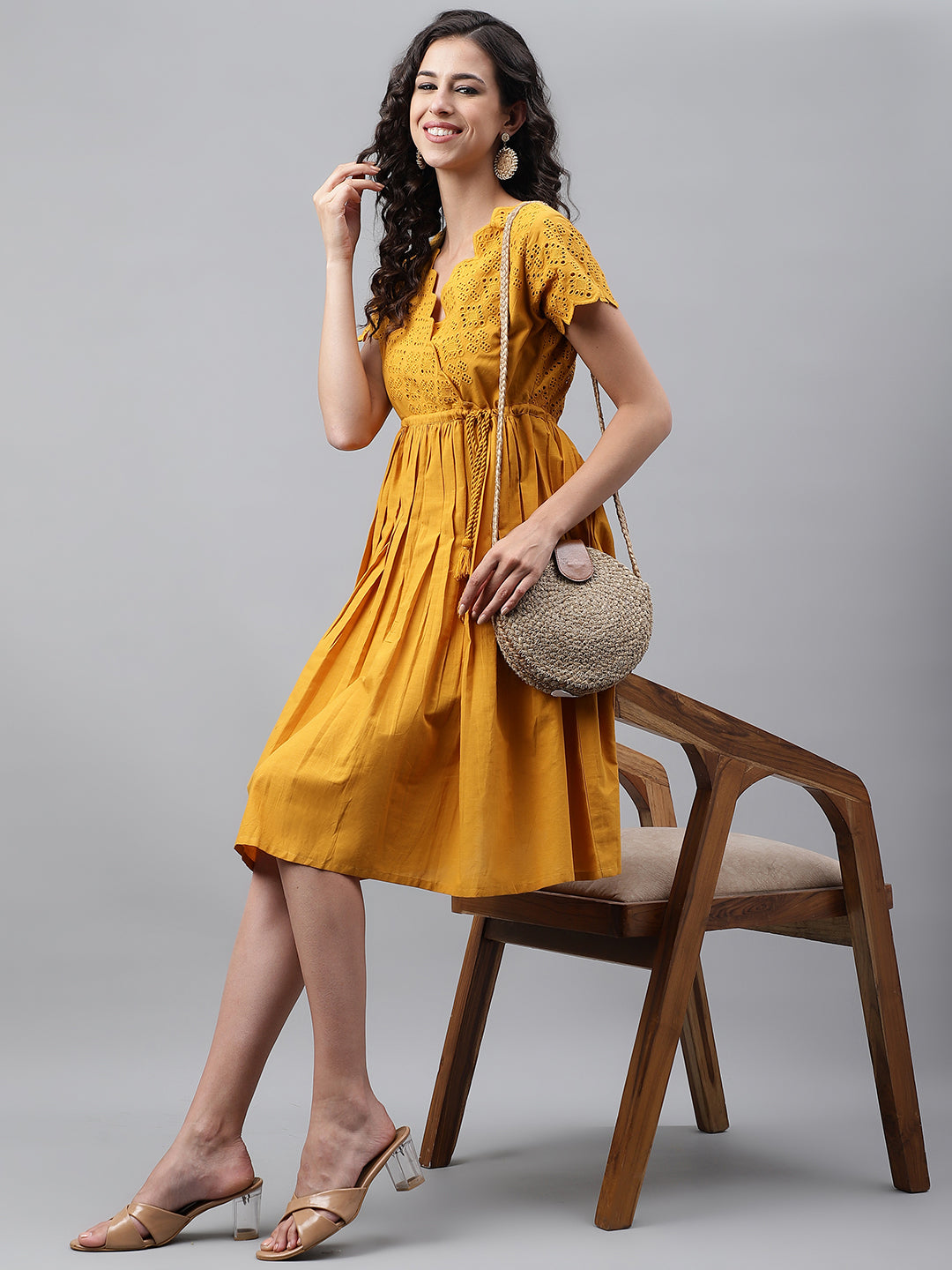 Janasya Women's Yellow Cotton Schiffli Flared Casual Dress | Swadesiicart