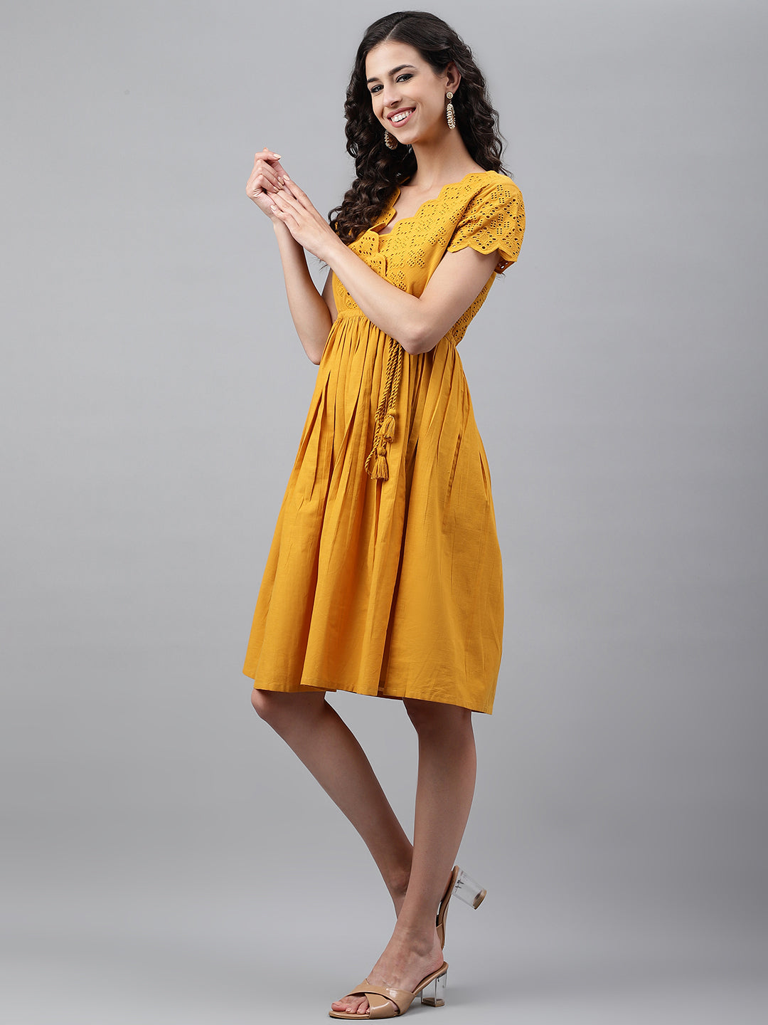 Janasya Women's Yellow Cotton Schiffli Flared Casual Dress | Swadesiicart