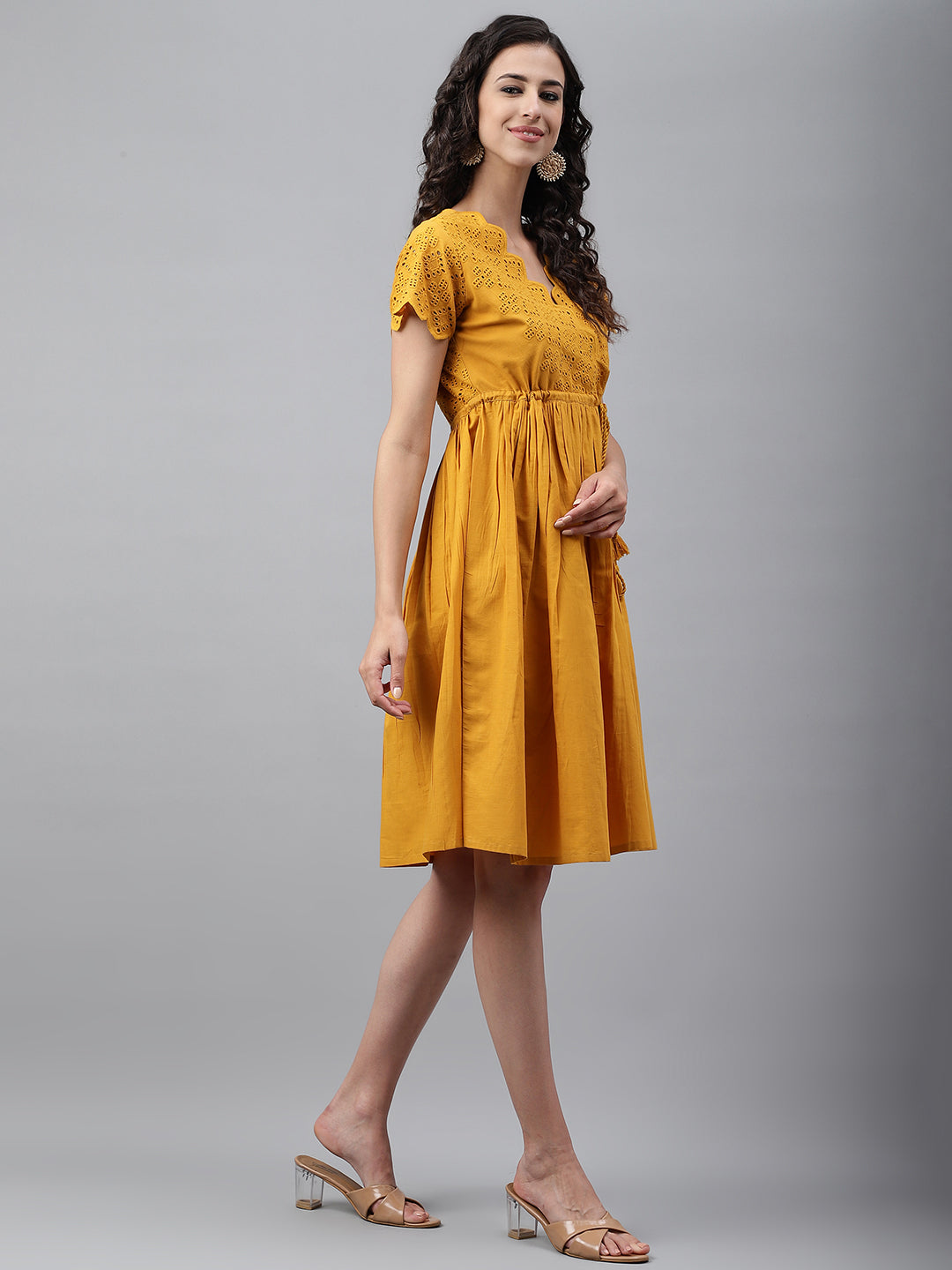 Janasya Women's Yellow Cotton Schiffli Flared Casual Dress | Swadesiicart