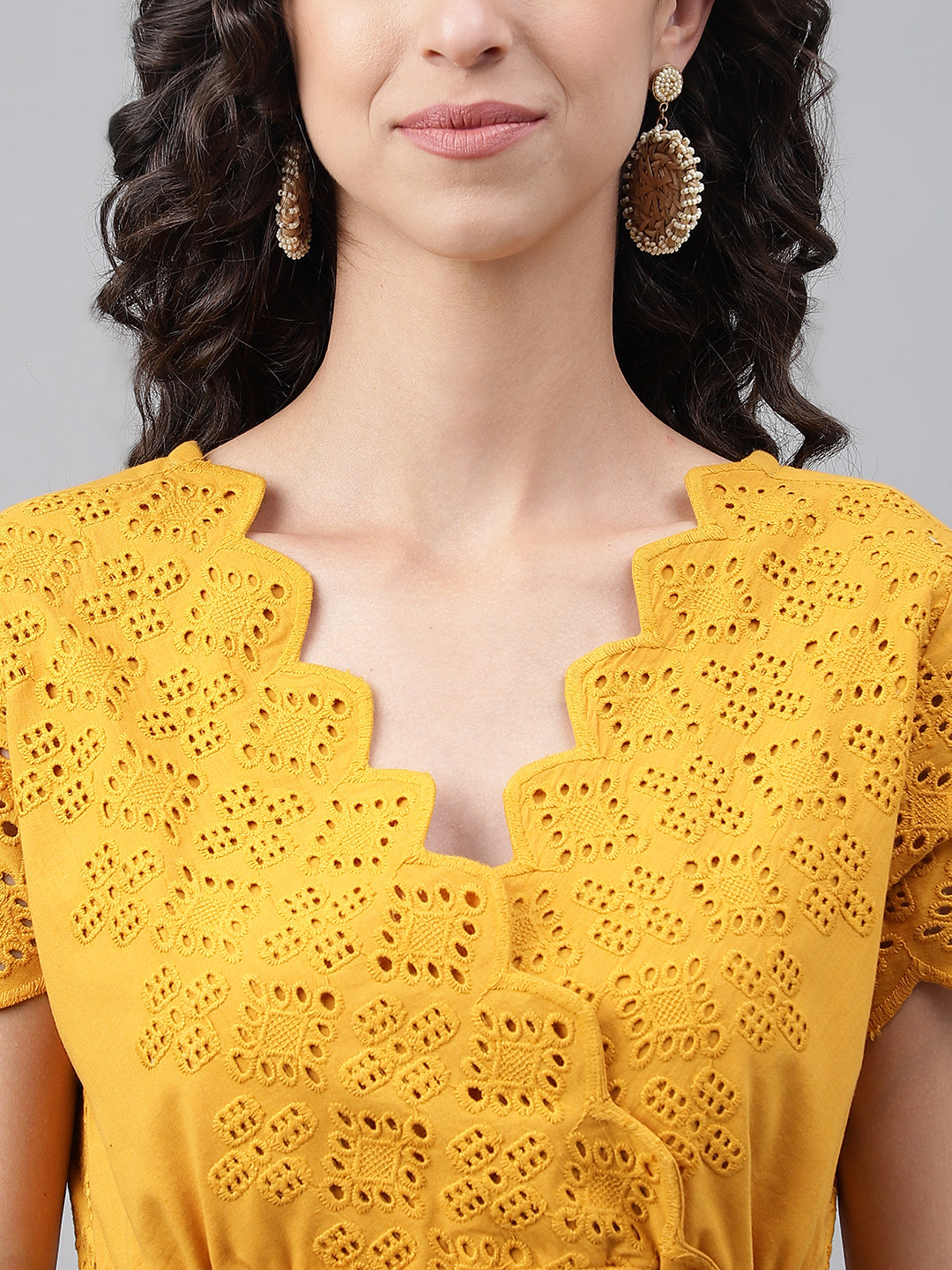 Janasya Women's Yellow Cotton Schiffli Flared Casual Dress | Swadesiicart