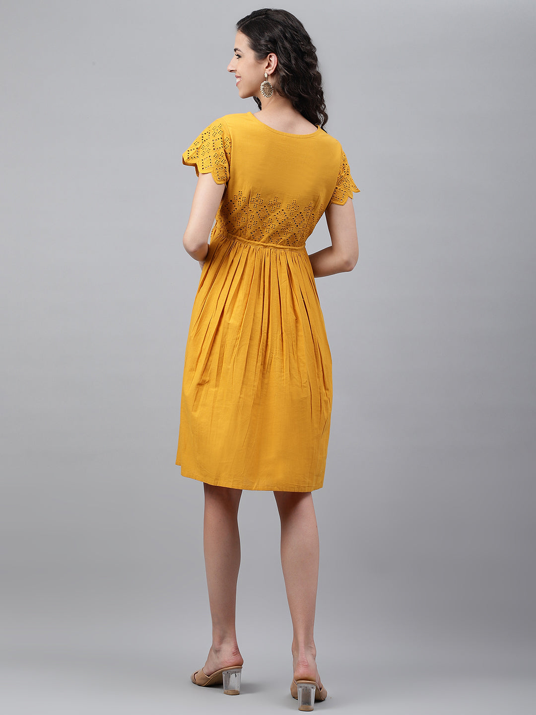 Janasya Women's Yellow Cotton Schiffli Flared Casual Dress | Swadesiicart