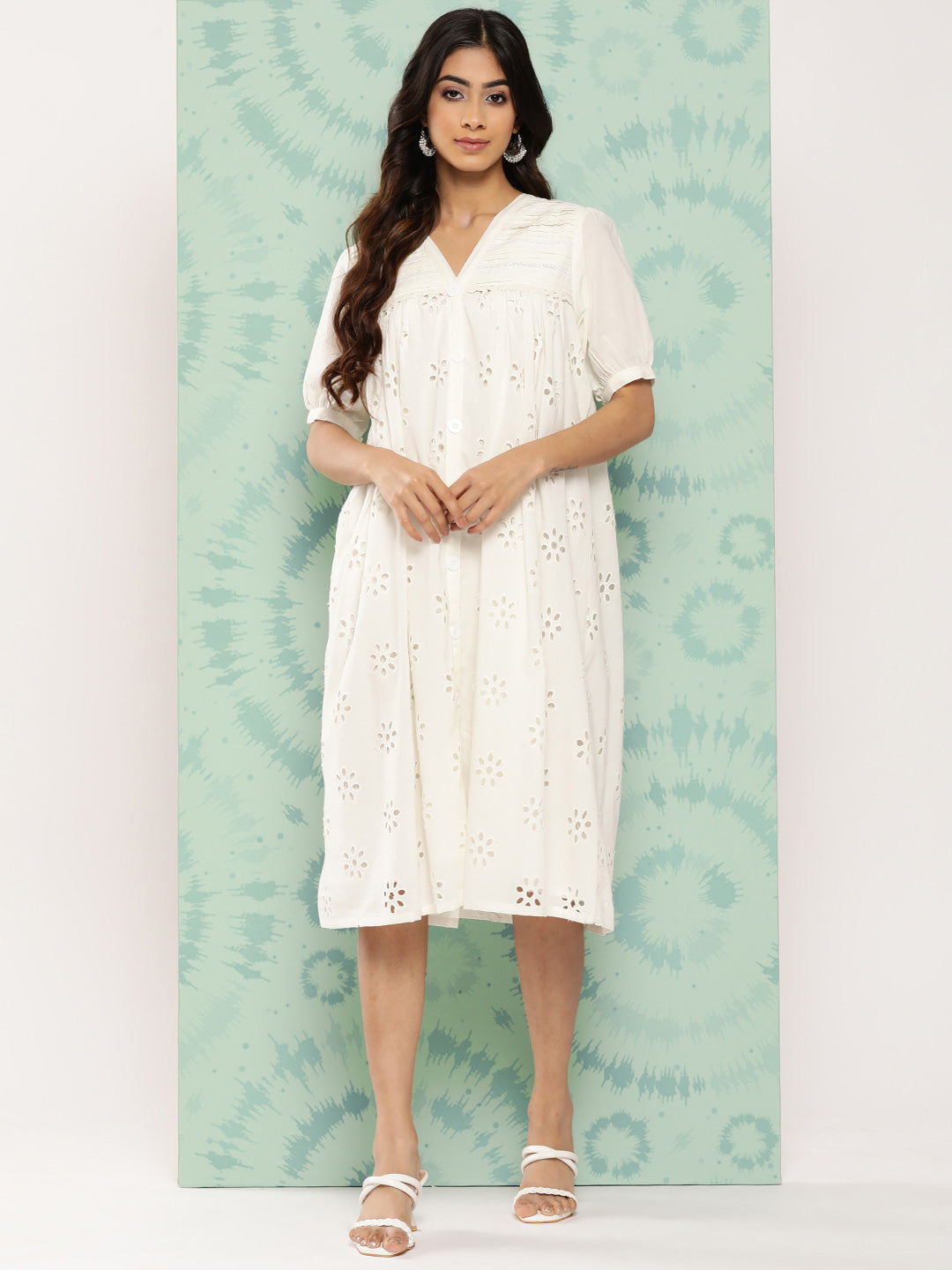 Janasya Women's White Cotton Schiffli Empire Casual Dress | Swadesiicart