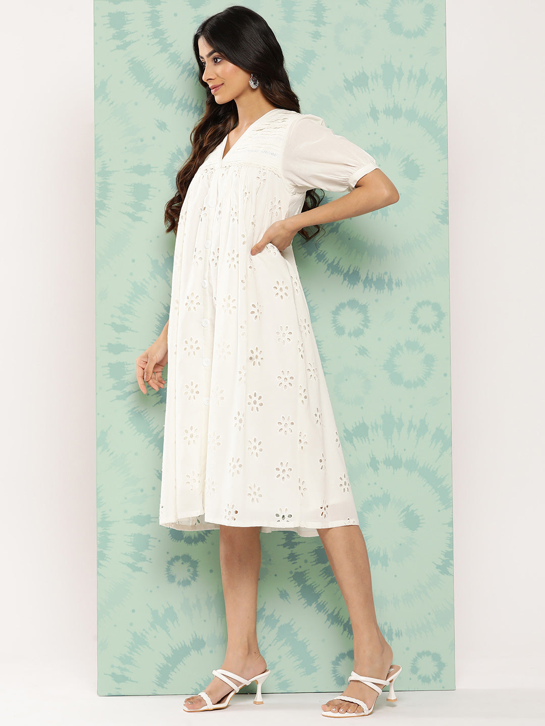 Janasya Women's White Cotton Schiffli Empire Casual Dress | Swadesiicart