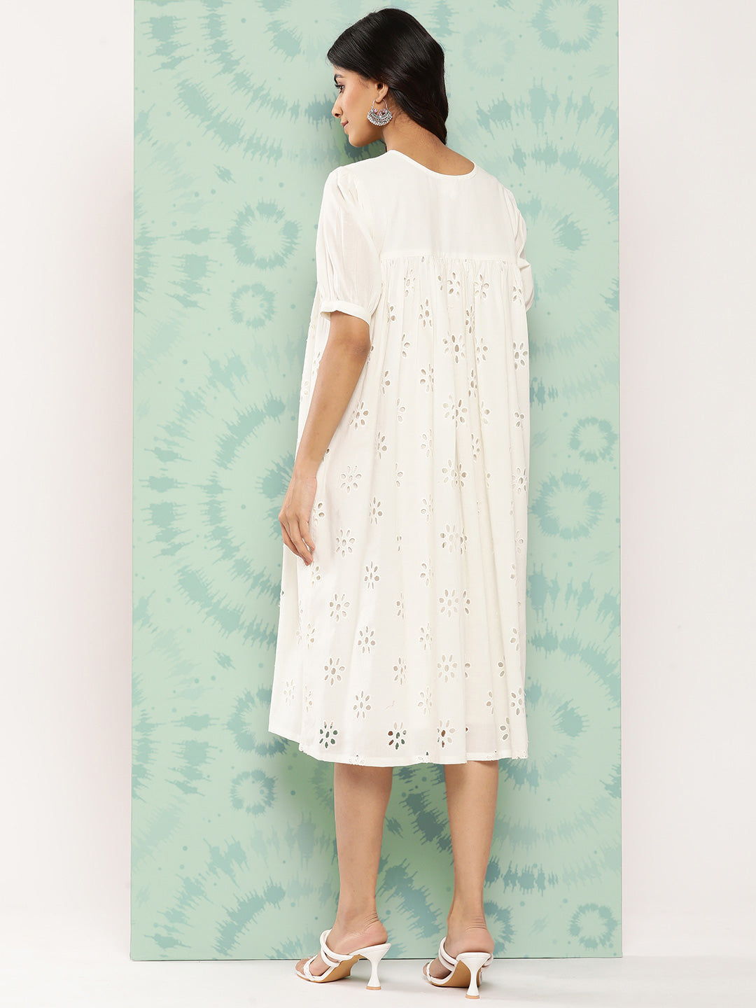Janasya Women's White Cotton Schiffli Empire Casual Dress | Swadesiicart