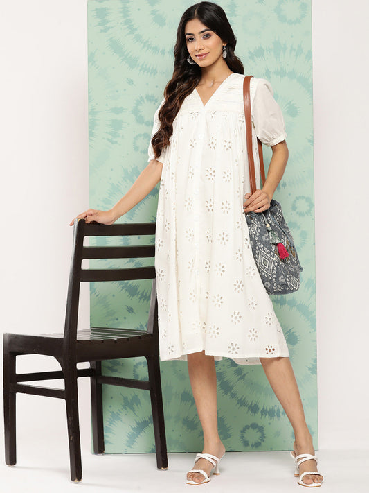 Janasya Women's White Cotton Schiffli Empire Casual Dress | Swadesiicart