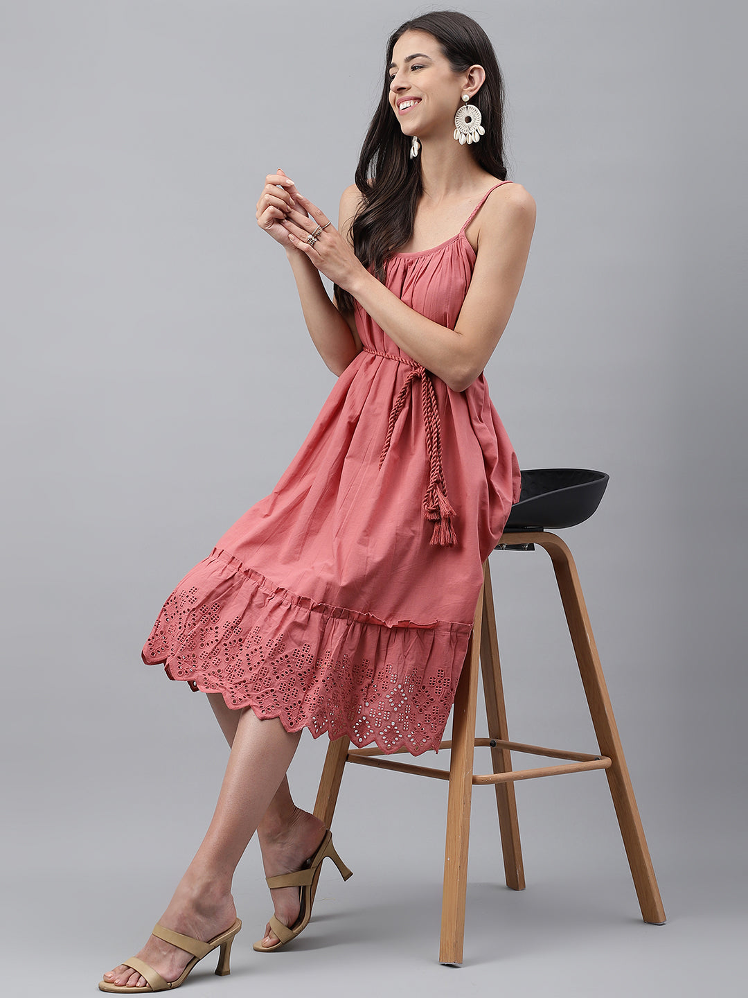 Janasya Women's Pink Cotton Schiffli Flared Western Dress | Swadesiicart