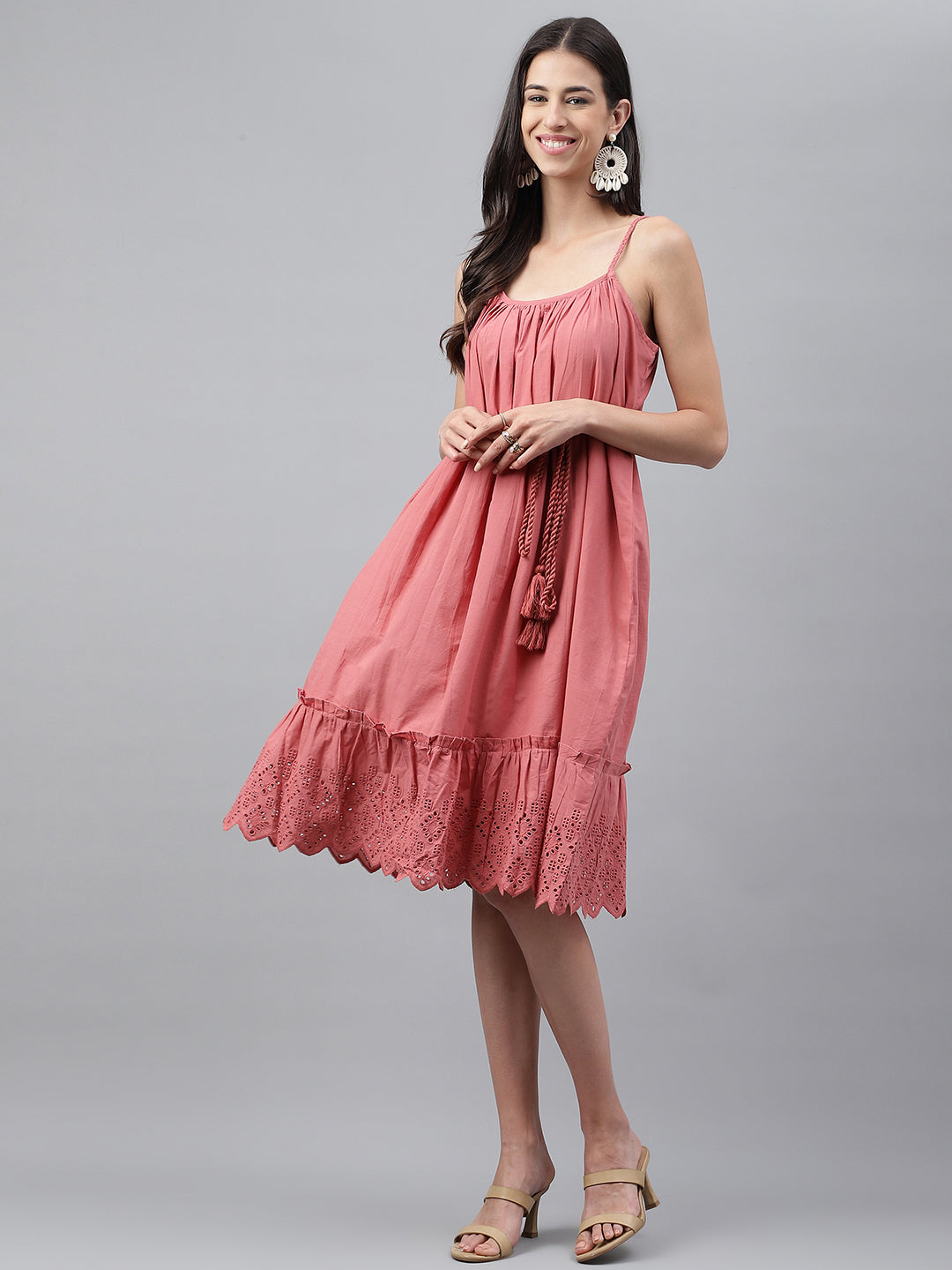Janasya Women's Pink Cotton Schiffli Flared Western Dress | Swadesiicart