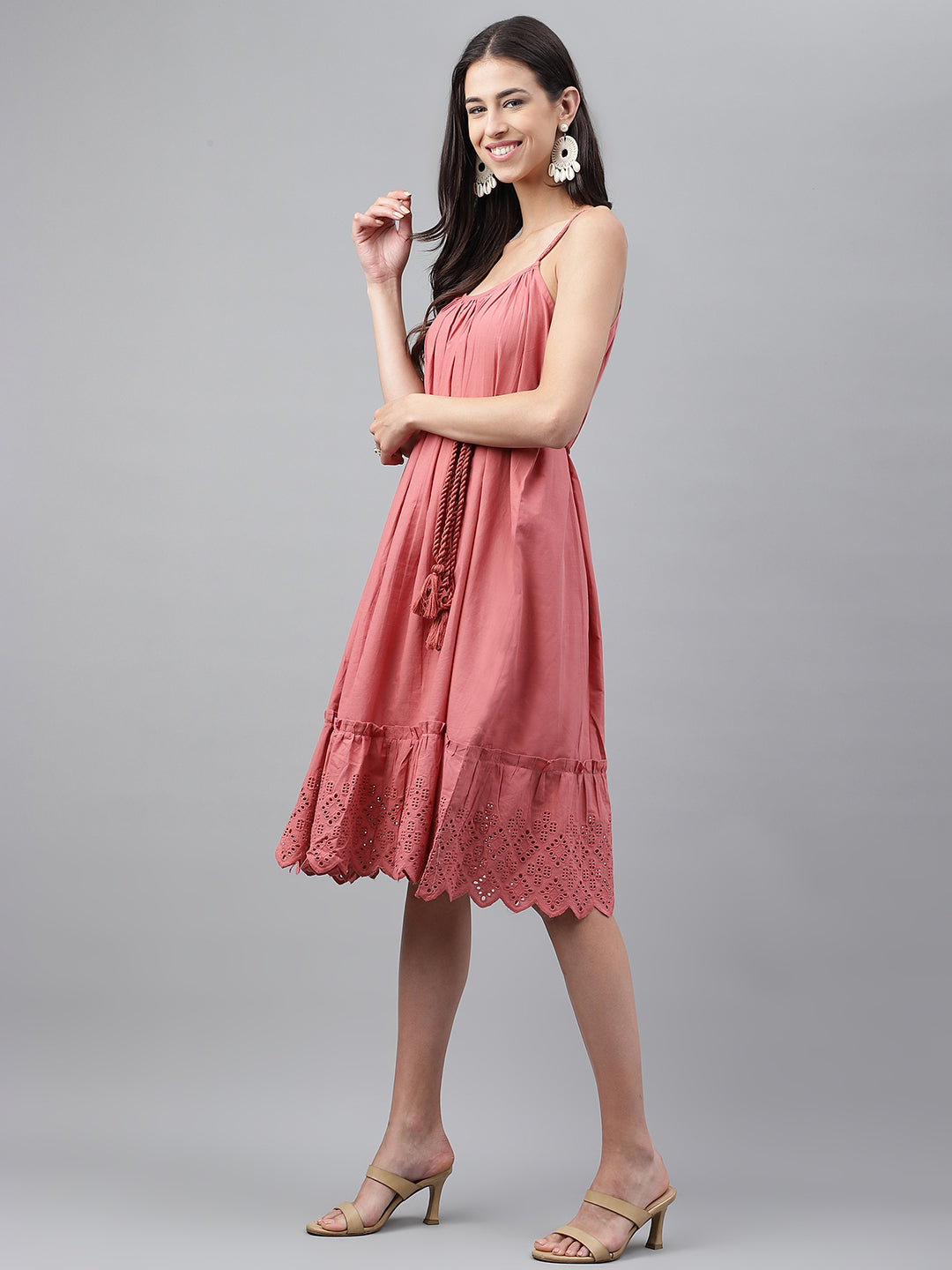 Janasya Women's Pink Cotton Schiffli Flared Western Dress | Swadesiicart