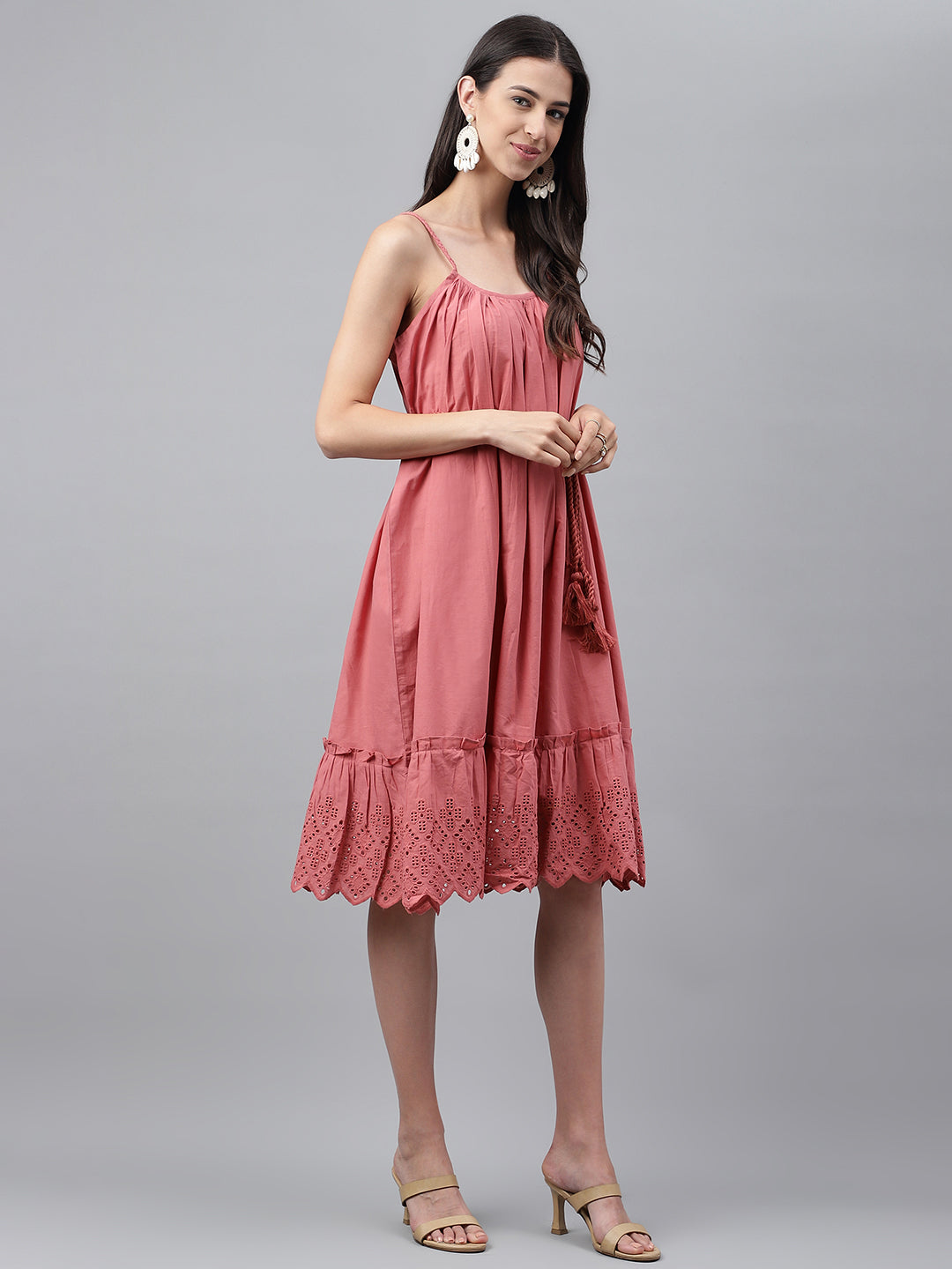 Janasya Women's Pink Cotton Schiffli Flared Western Dress | Swadesiicart