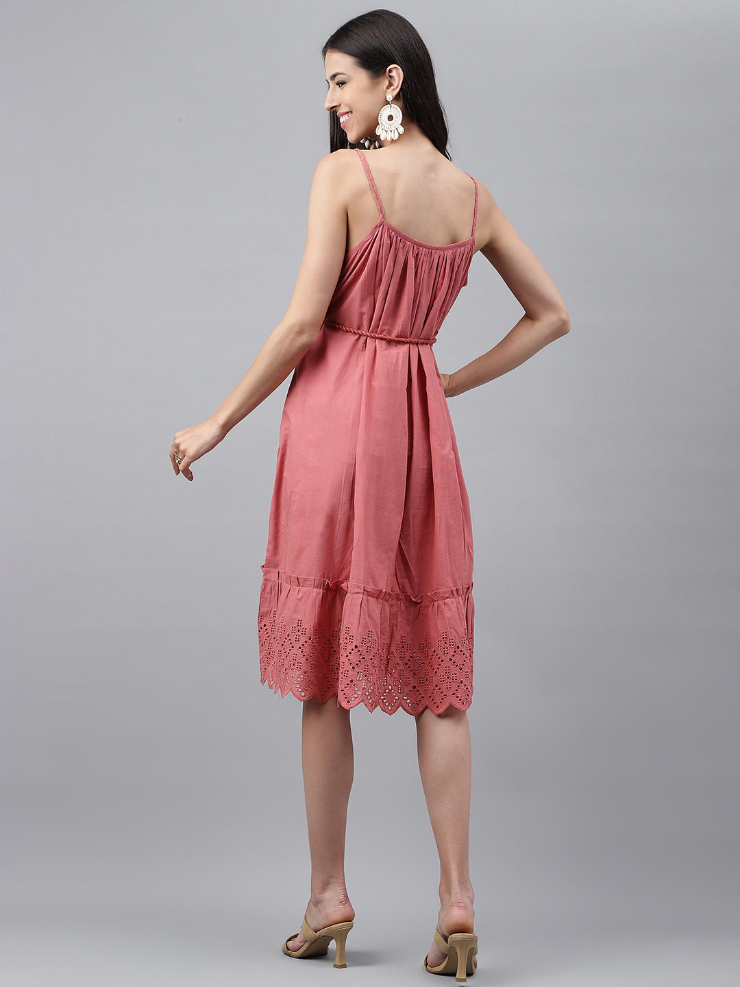 Janasya Women's Pink Cotton Schiffli Flared Western Dress | Swadesiicart