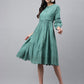 Janasya Women's Green Cotton Schiffli Flared Casual Dress | Swadesiicart