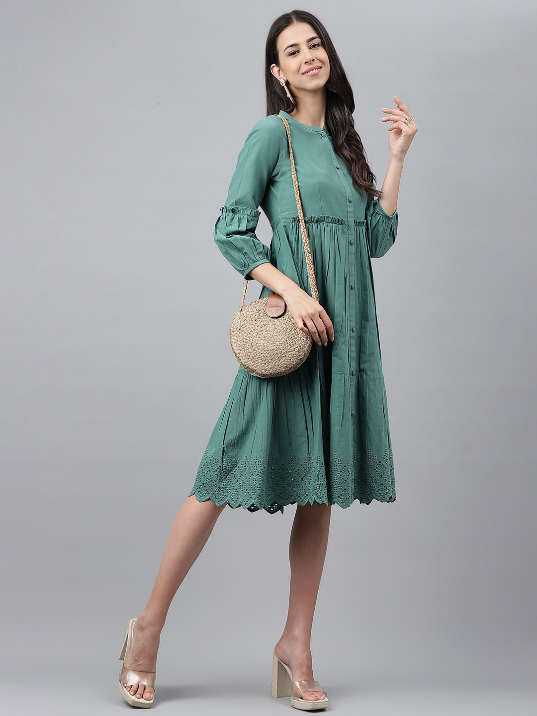 Janasya Women's Green Cotton Schiffli Flared Casual Dress | Swadesiicart