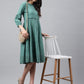 Janasya Women's Green Cotton Schiffli Flared Casual Dress | Swadesiicart