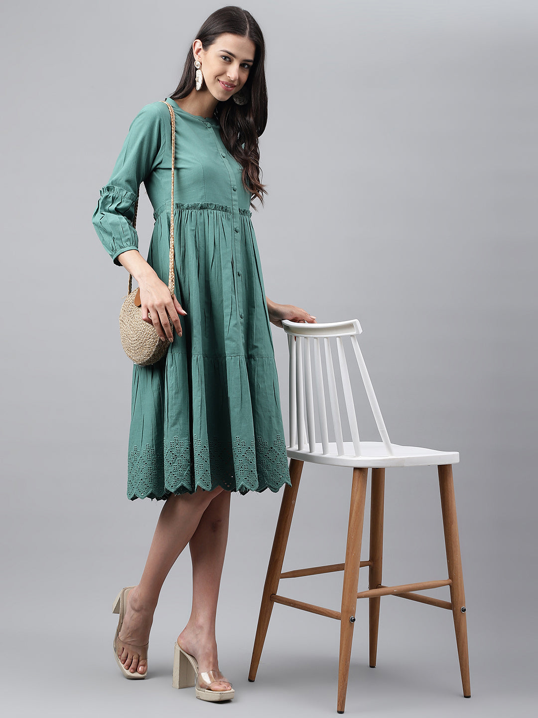 Janasya Women's Green Cotton Schiffli Flared Casual Dress | Swadesiicart
