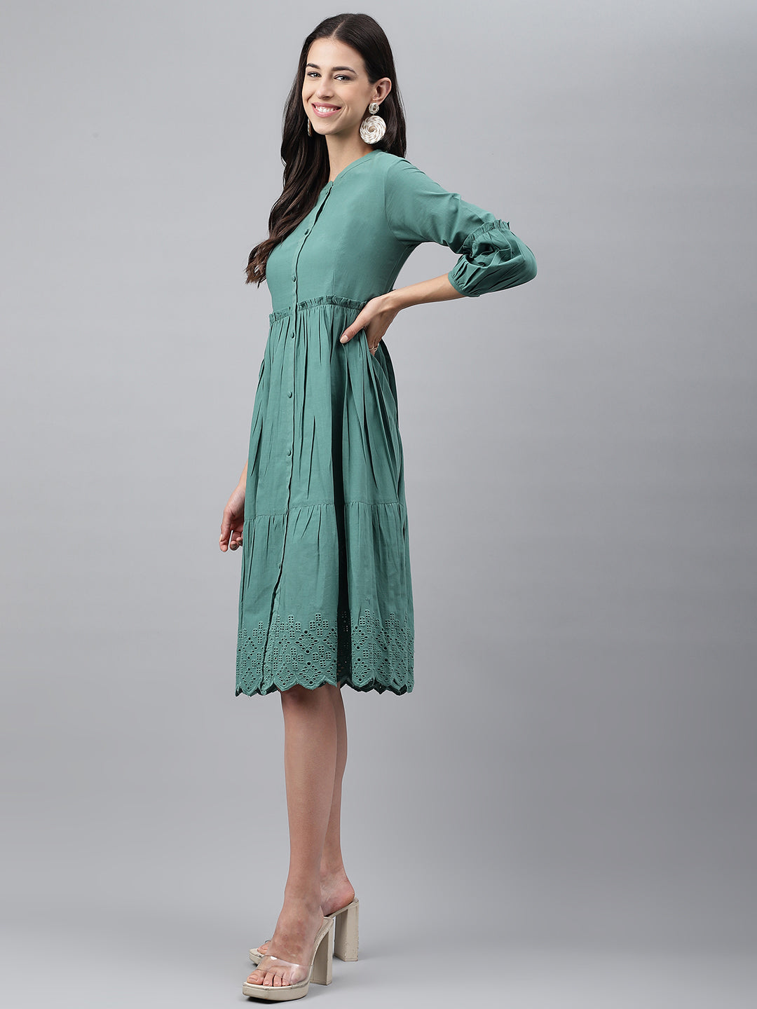 Janasya Women's Green Cotton Schiffli Flared Casual Dress | Swadesiicart