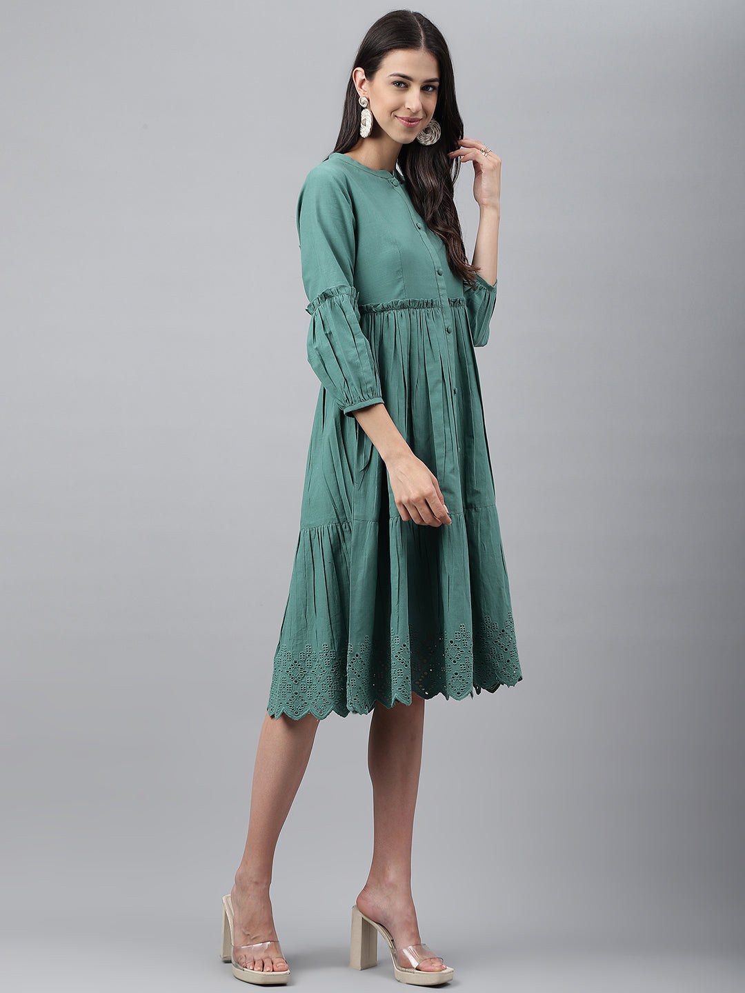 Janasya Women's Green Cotton Schiffli Flared Casual Dress | Swadesiicart