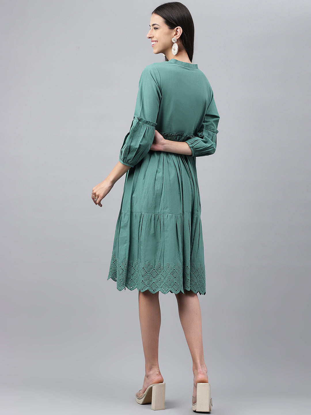 Janasya Women's Green Cotton Schiffli Flared Casual Dress | Swadesiicart