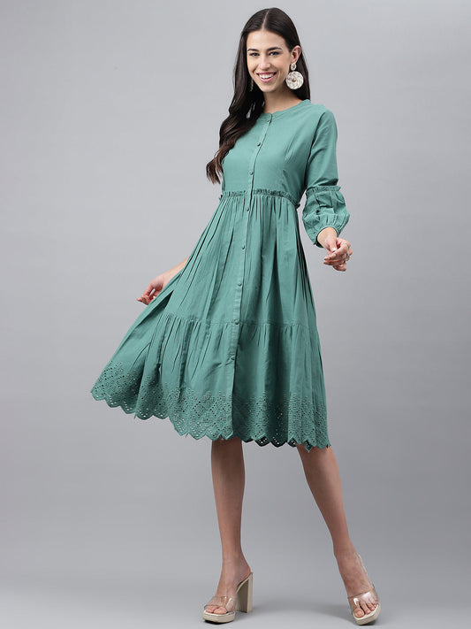 Janasya Women's Green Cotton Schiffli Flared Casual Dress | Swadesiicart