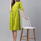 Janasya Women's Lime Green Cotton Schiffli Flared Western Dress | Swadesiicart