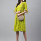 Janasya Women's Lime Green Cotton Schiffli Flared Western Dress | Swadesiicart