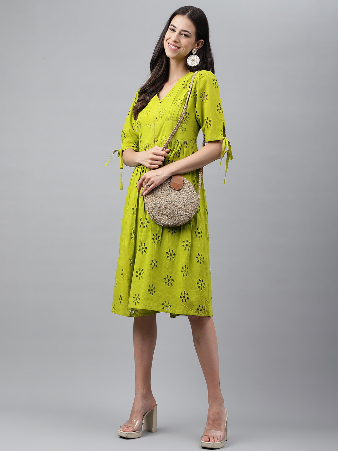 Janasya Women's Lime Green Cotton Schiffli Flared Western Dress | Swadesiicart
