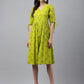 Janasya Women's Lime Green Cotton Schiffli Flared Western Dress | Swadesiicart