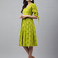 Janasya Women's Lime Green Cotton Schiffli Flared Western Dress | Swadesiicart