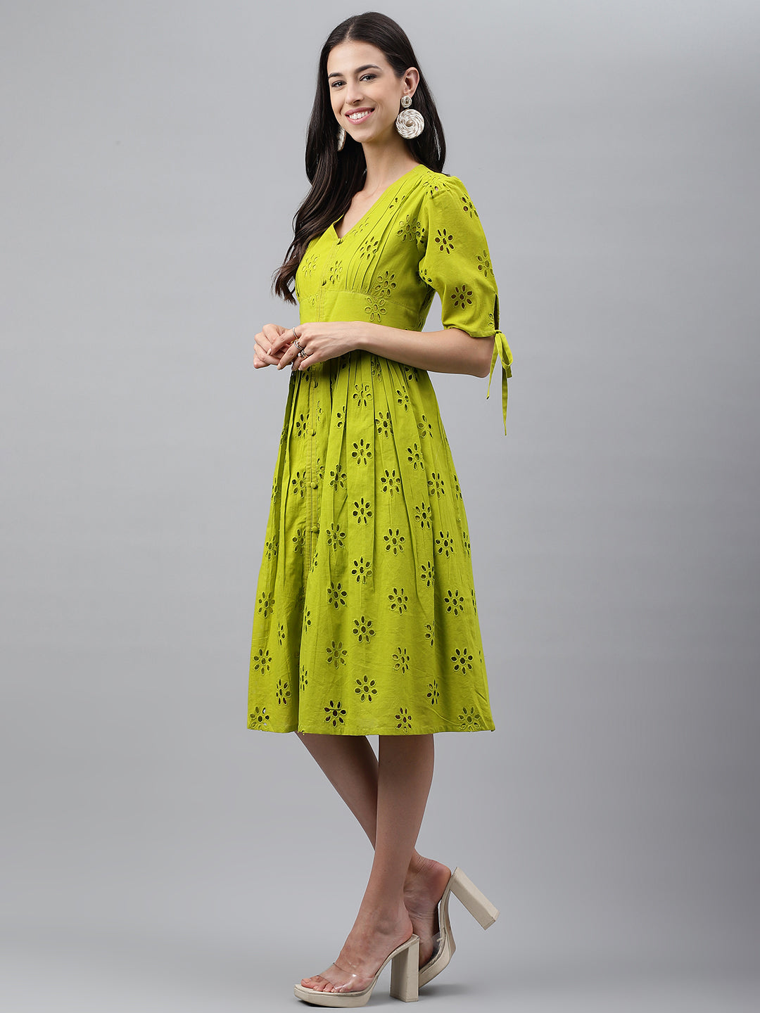 Janasya Women's Lime Green Cotton Schiffli Flared Western Dress | Swadesiicart