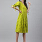 Janasya Women's Lime Green Cotton Schiffli Flared Western Dress | Swadesiicart