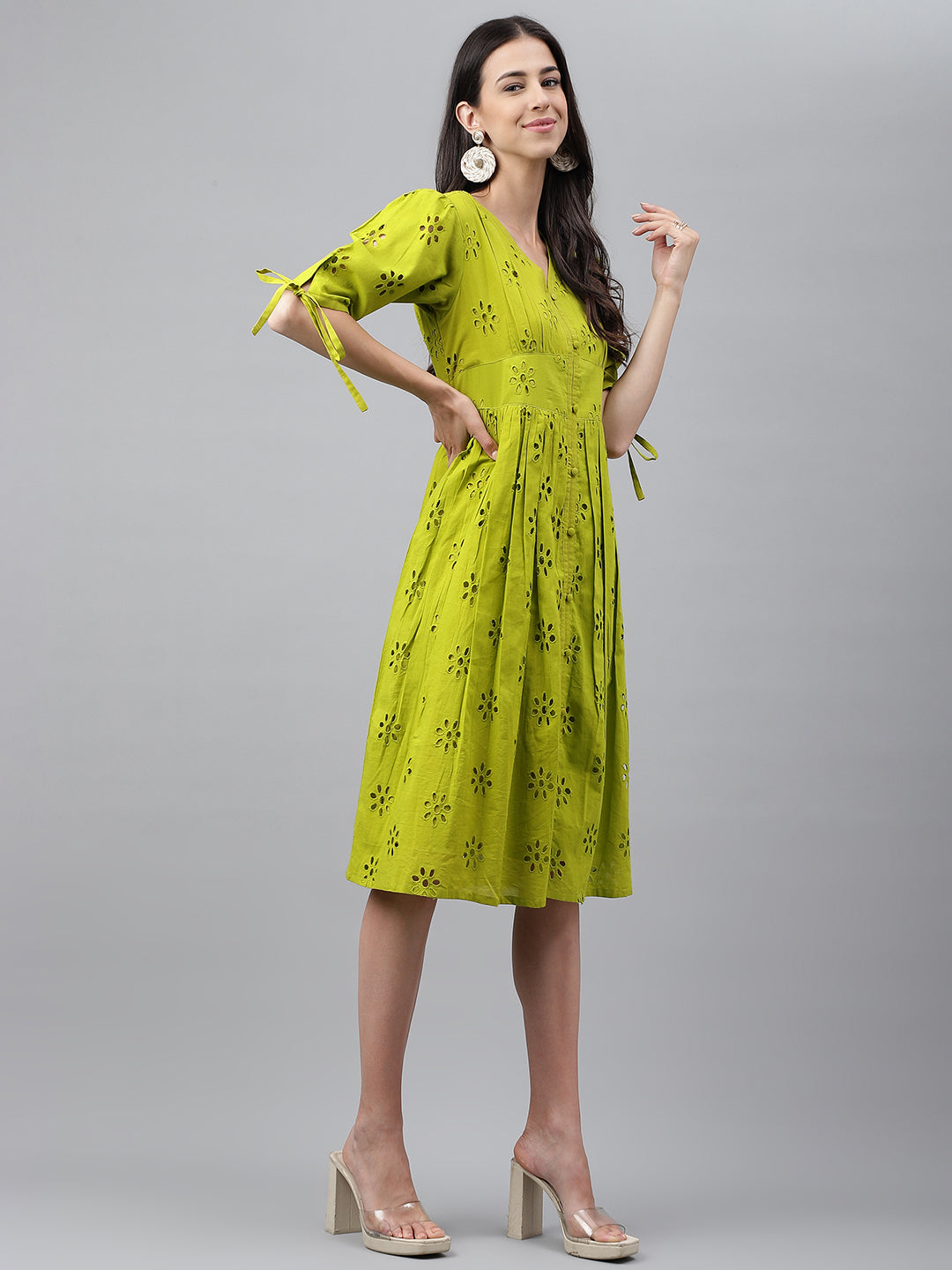 Janasya Women's Lime Green Cotton Schiffli Flared Western Dress | Swadesiicart