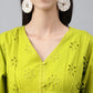 Janasya Women's Lime Green Cotton Schiffli Flared Western Dress | Swadesiicart