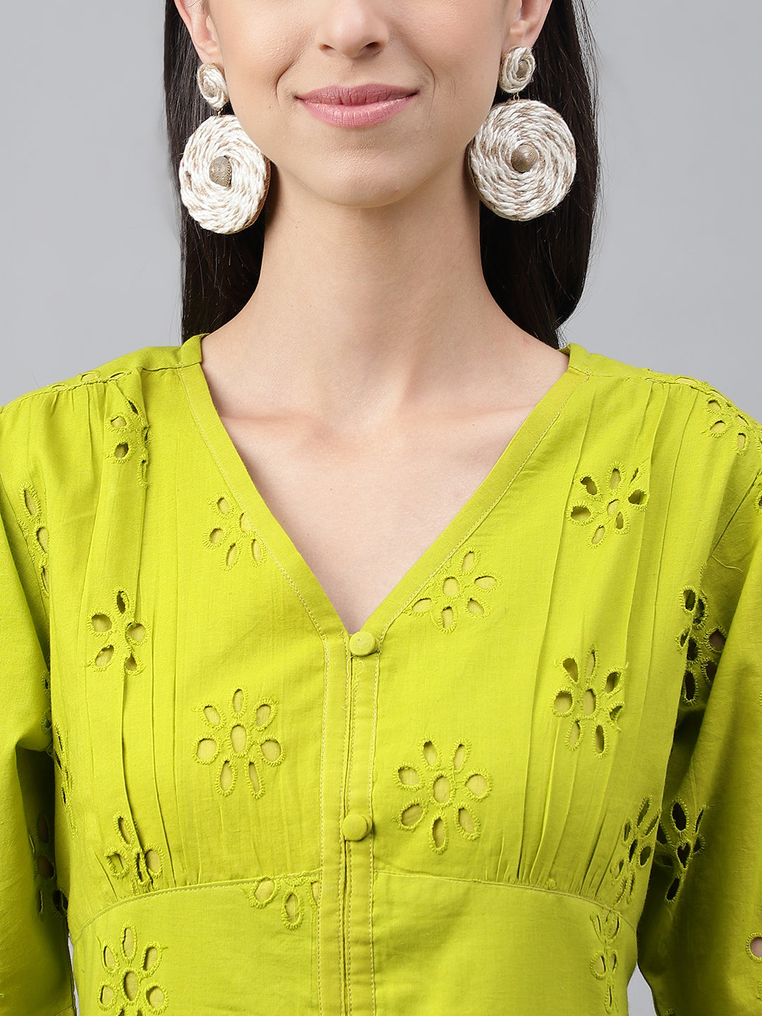 Janasya Women's Lime Green Cotton Schiffli Flared Western Dress | Swadesiicart