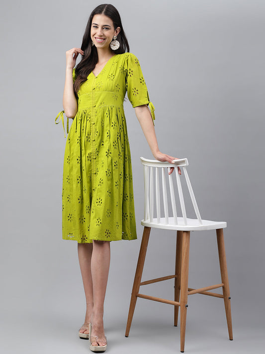 Janasya Women's Lime Green Cotton Schiffli Flared Western Dress | Swadesiicart
