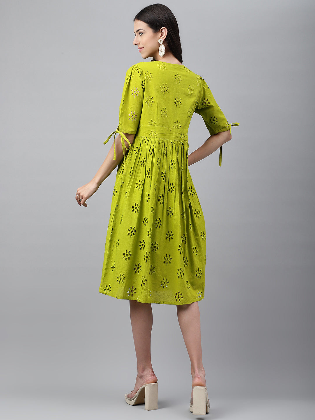Janasya Women's Lime Green Cotton Schiffli Flared Western Dress | Swadesiicart