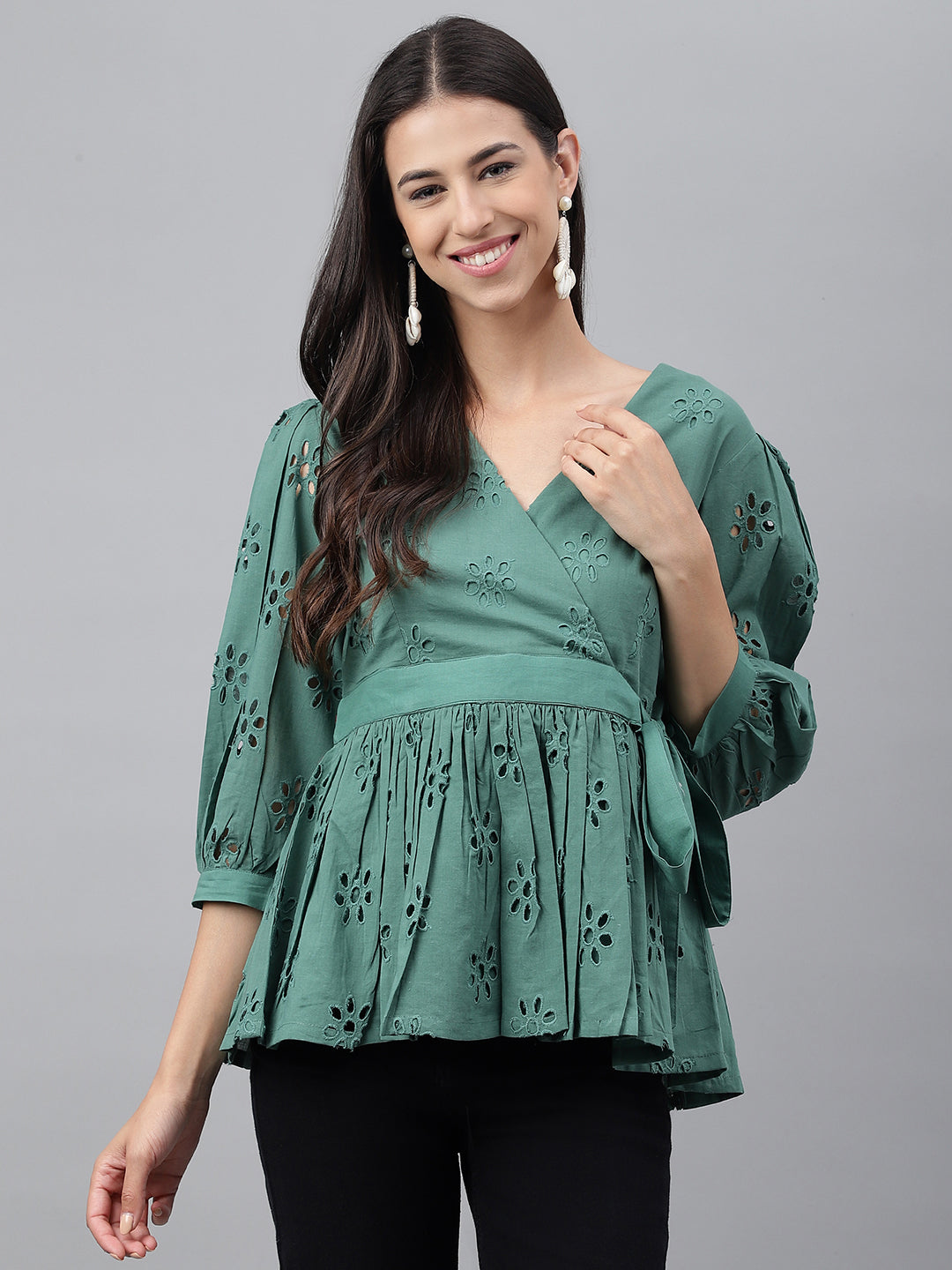 Janasya Women's Green Cotton Schiffli Casual Peplum Top | Swadesiicart