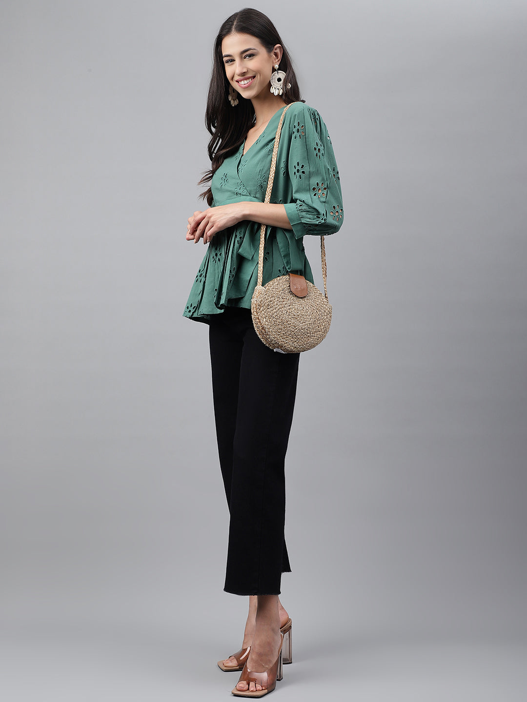 Janasya Women's Green Cotton Schiffli Casual Peplum Top | Swadesiicart