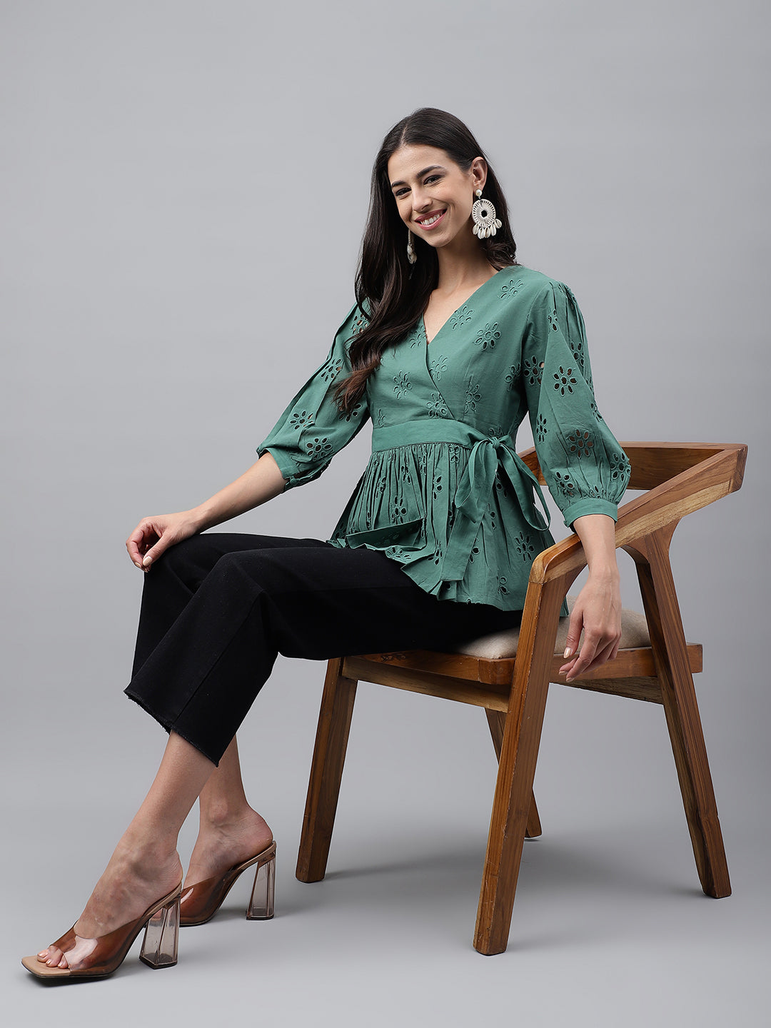 Janasya Women's Green Cotton Schiffli Casual Peplum Top | Swadesiicart